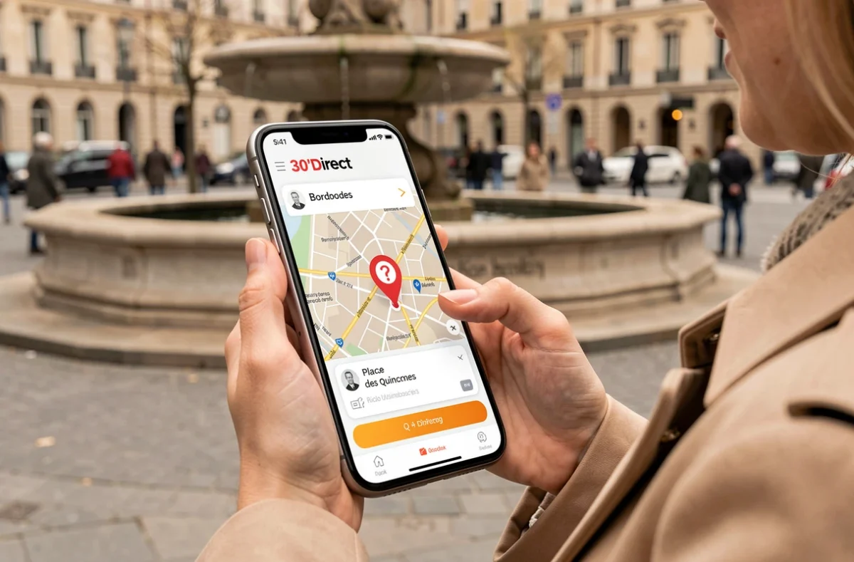 Passagère utilisant l'application de réservation 30'Direct sur smartphone devant la Place des Quinconces à Bordeaux
