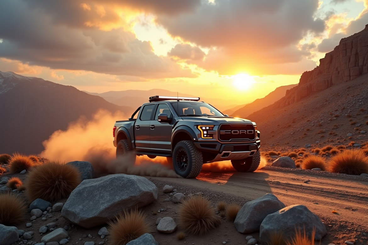 Pick-up 4x4 en montagne au lever du soleil