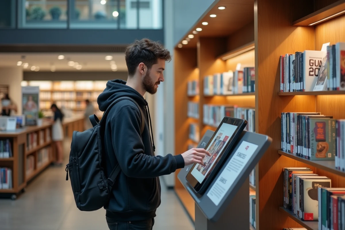 Personne s'abonnant à un magazine numérique via une borne interactive en bibliothèque moderne