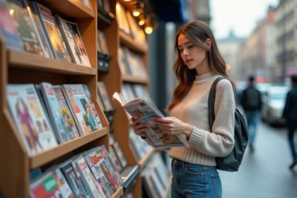Jeune femme feuilletant un magazine dans un kiosque à journaux en ville dès sa sortie