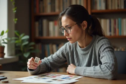 Femme examinant un timbre vintage à la loupe sur un bureau de collectionneur pour acheter malin sur Delcampe