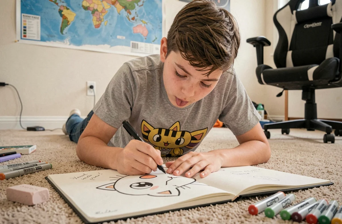 Adolescent allongé sur le sol dessinant un personnage Mew en version chibi dans un grand carnet de croquis dans sa chambre