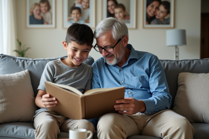 Adolescent souriant avec son beau-pere regardant un album photo