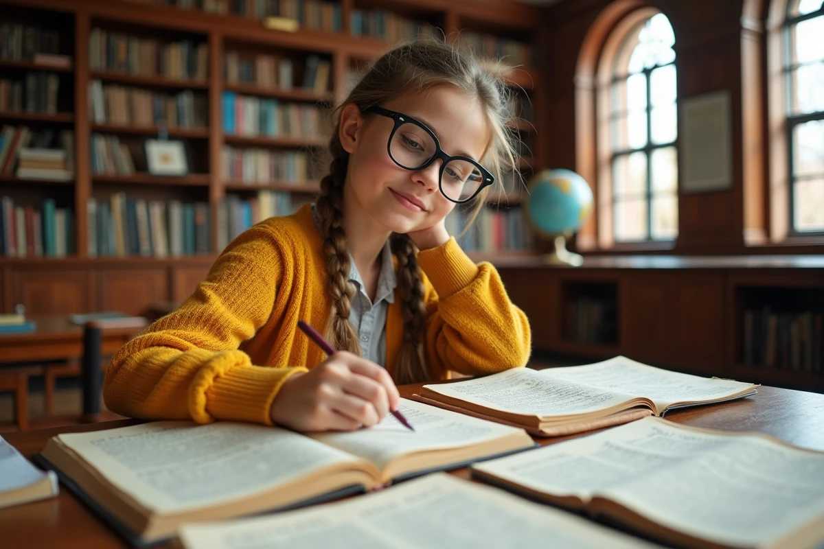 Adolescente studieuse travaillant sur des haïkus et acrostiches avec rimes en O dans une bibliothèque classique entourée de livres de poésie