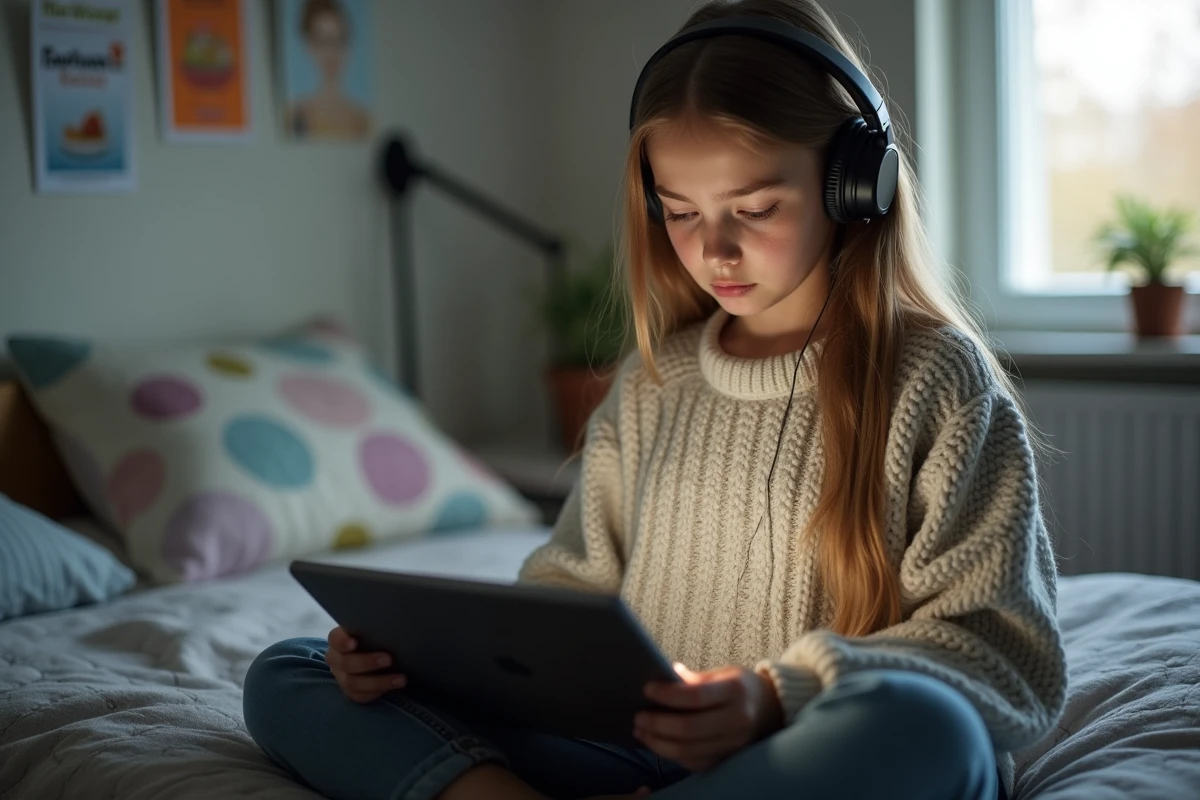 Adolescente avec casque examinant une tablette dans sa chambre