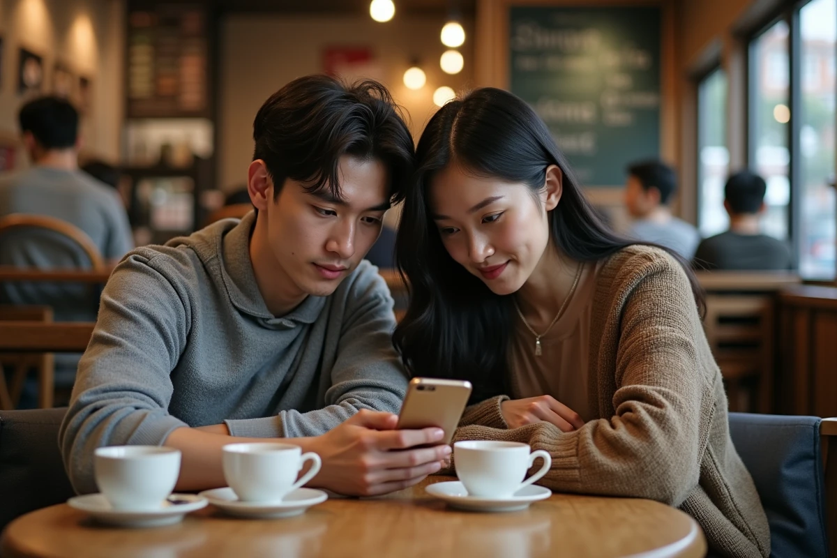 Deux amis consultant un site de scan manga sur smartphone dans un café urbain