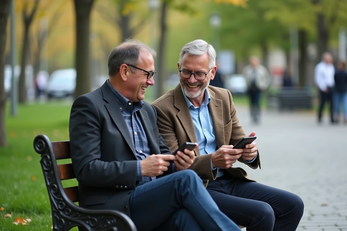 Deux hommes discutant et riant sur un banc dans un parc urbain