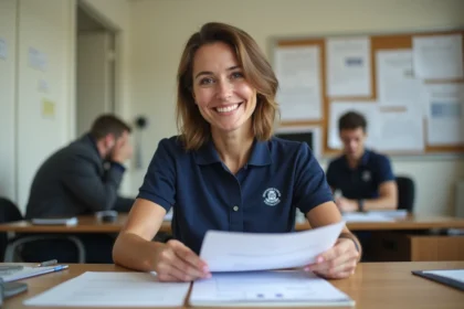 Animatrice municipale en mairie consultant une offre d'emploi imprimée sur son bureau