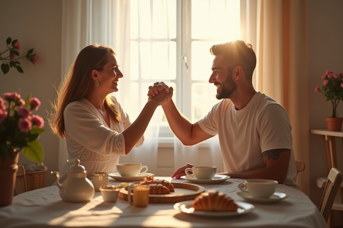 Couple heureux célébrant leur anniversaire à la maison