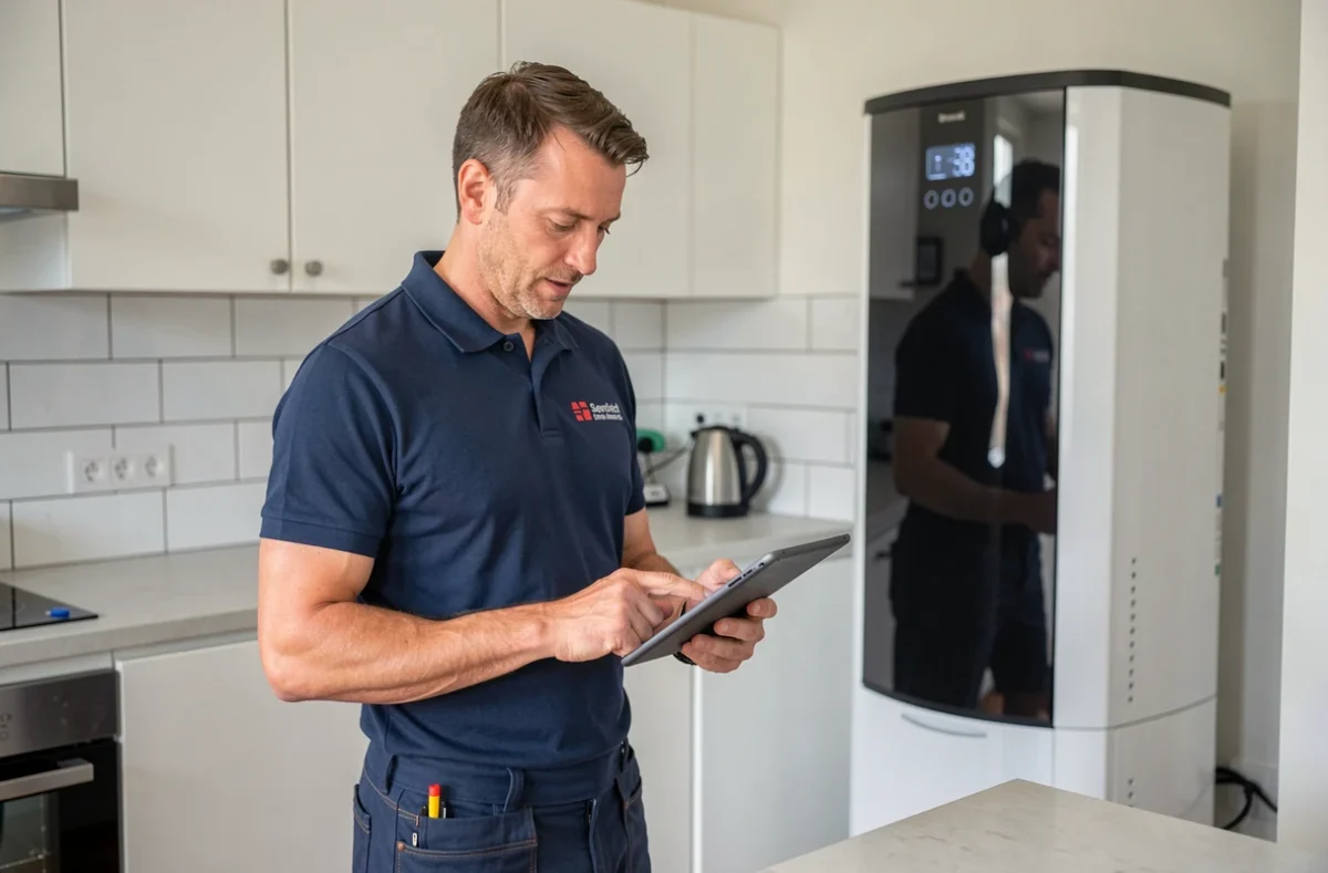 Spécialiste APC Home Service consultant une tablette numérique lors d'une intervention à domicile