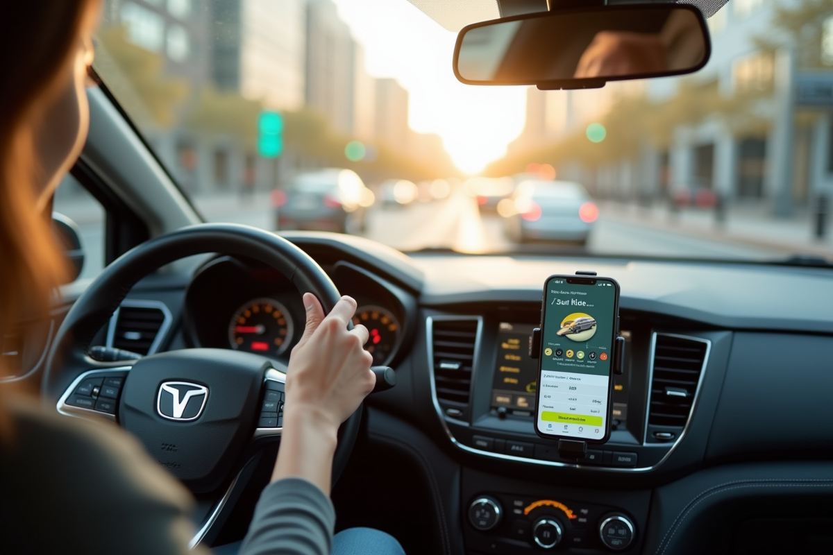 Intérieur de voiture avec smartphone affichant une application de covoiturage