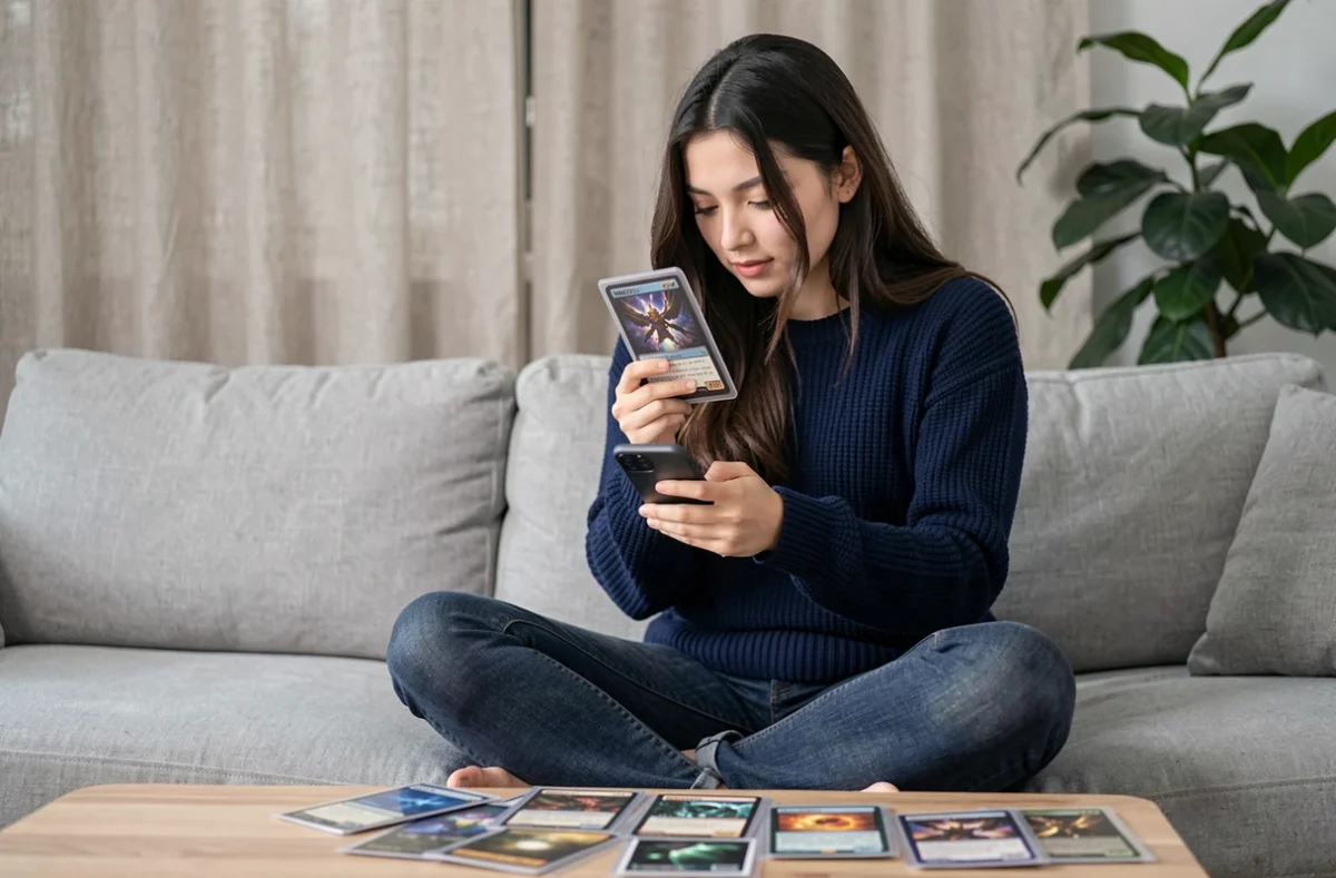 Une jeune femme vérifie la valeur de ses cartes Magic sur une application mobile de suivi de cotes