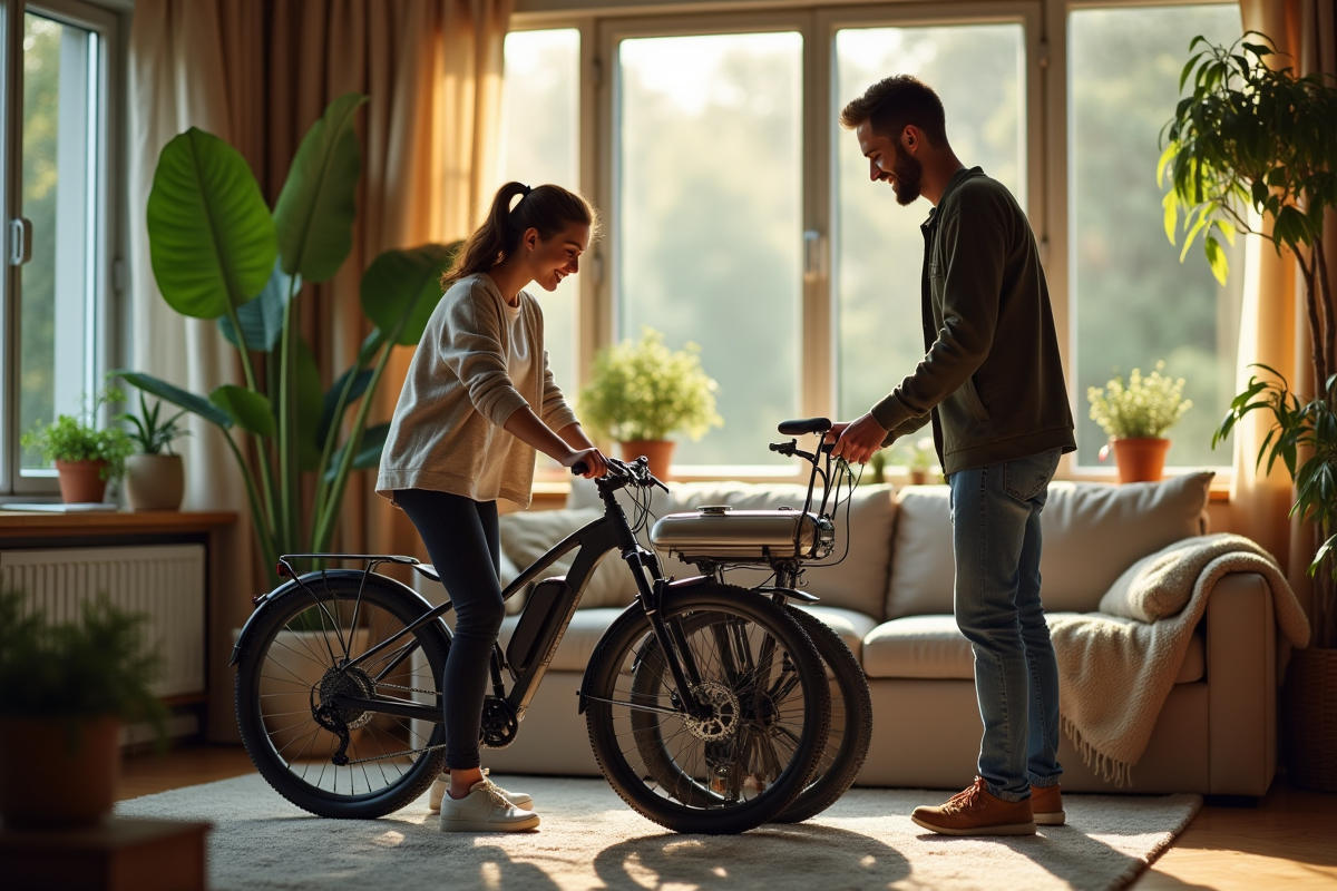 Deux personnes installant un générateur à vélo dans un salon lumineux