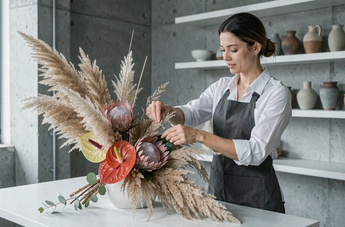 Fleuriste créant une installation florale contemporaine avec herbes de la pampa et protéas dans un atelier minimaliste