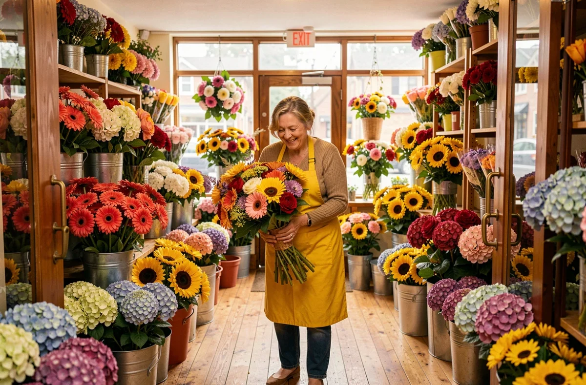 Fleuriste souriante arrangeant un bouquet coloré de gerberas et hortensias dans une boutique de fleurs animée