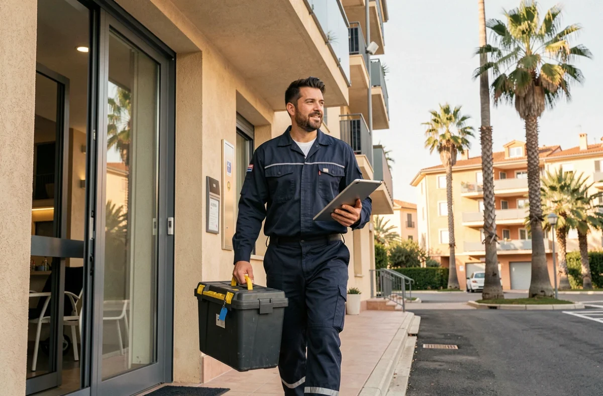 Technicien de Bbeservice2b se dirigeant vers un immeuble moderne à Bastia avec boîte à outils et tablette numérique