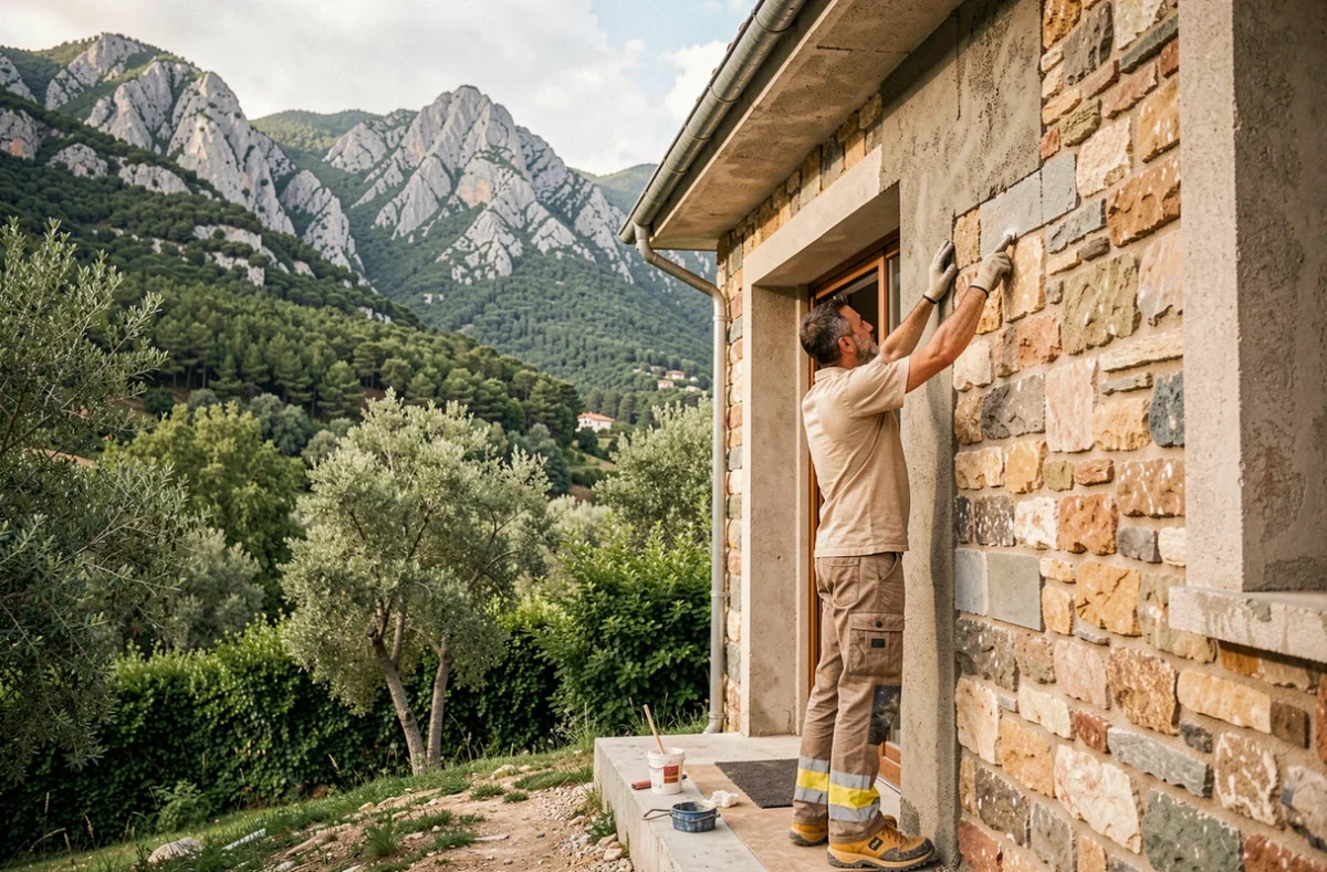 Ouvrier de Biancardini Construction appliquant un enduit extérieur sur un bâtiment résidentiel corse avec paysage de montagne