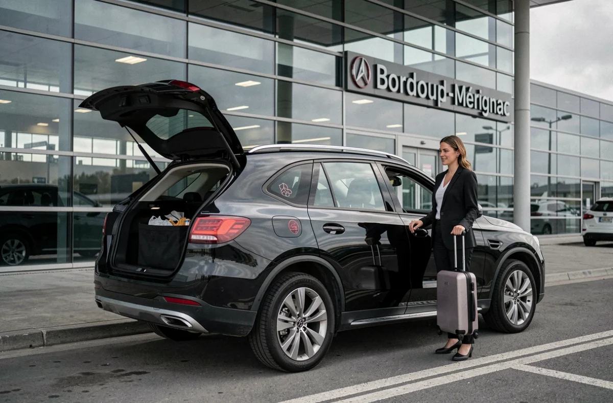 Chauffeuse de Bordeaux Cab en blazer noir chargeant une valise dans un SUV premium devant l'aéroport de Bordeaux-Mérignac