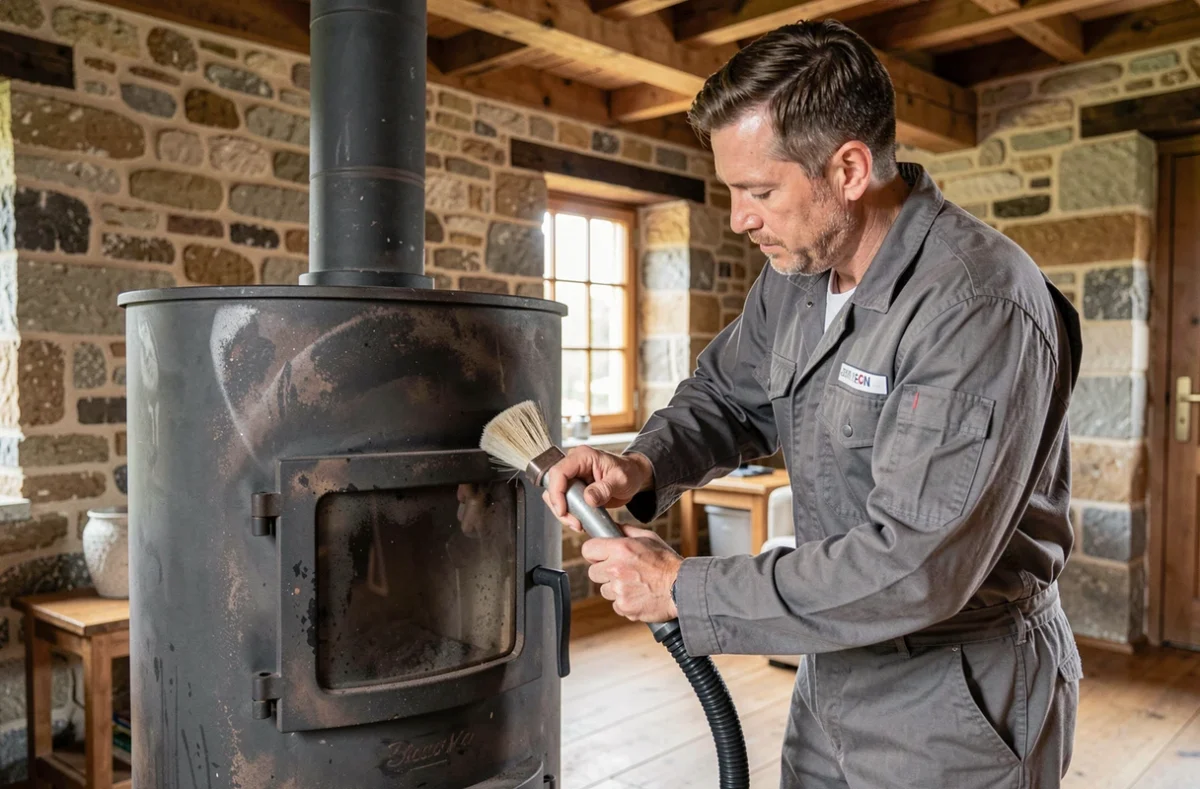 Technicien effectuant l'entretien d'un poêle à bois pour BP Entretien Poêle dans l'Oise