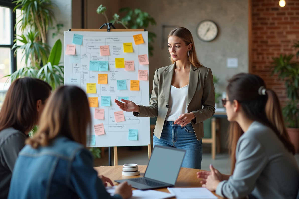 Jeune femme menant une séance de brainstorming créatif