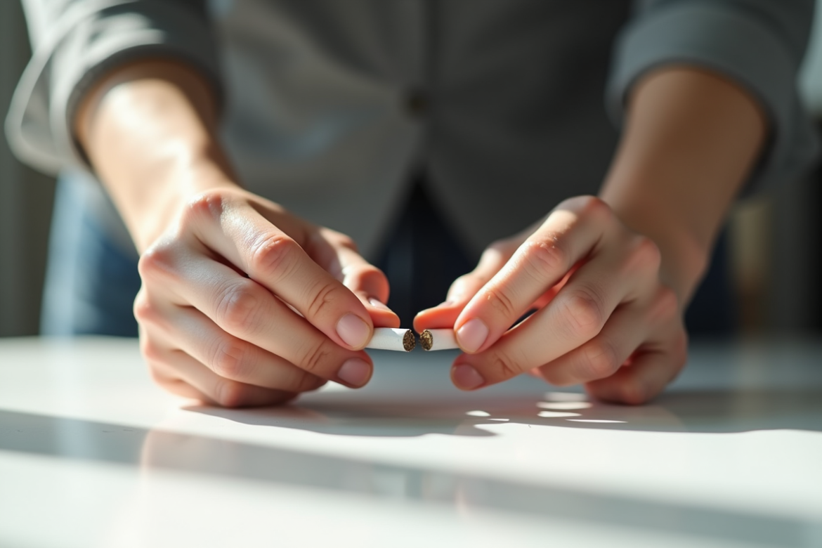 Mains cassant une cigarette sur une table blanche