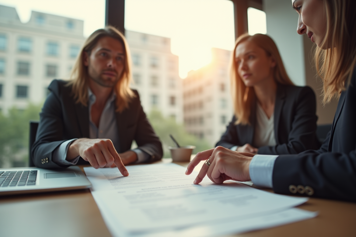 Deux personnes discutent d'un contrat dans un bureau lumineux