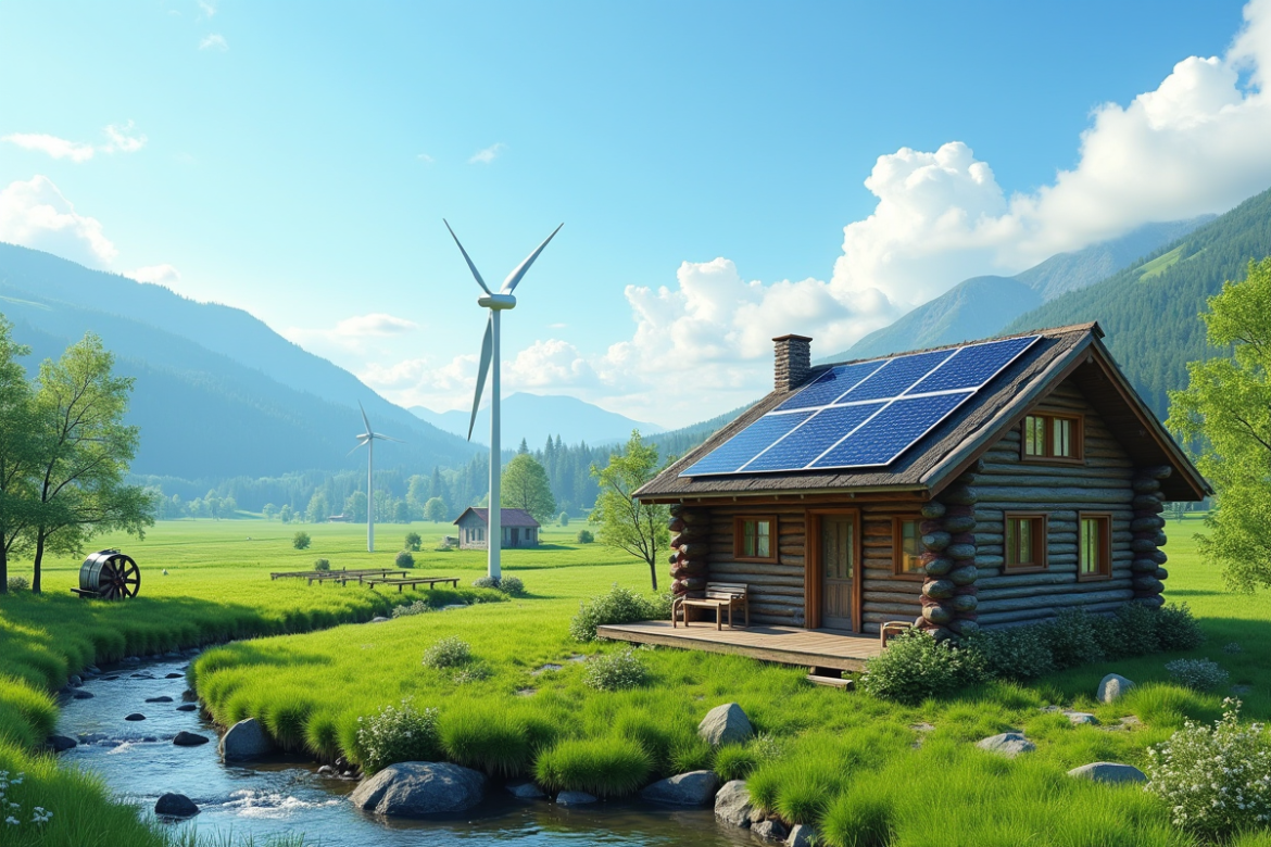 Petite cabane en bois dans la nature avec panneaux solaires et turbine éolienne