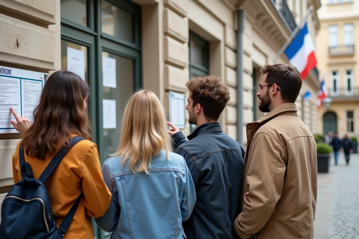 Candidats lisant des annonces d'emploi d'animateur affichées sur le panneau d'une mairie