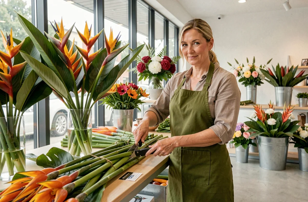 Fleuriste coupant des strelitzias et héliconias derrière le comptoir d'une boutique florale moderne aux grandes vitrines