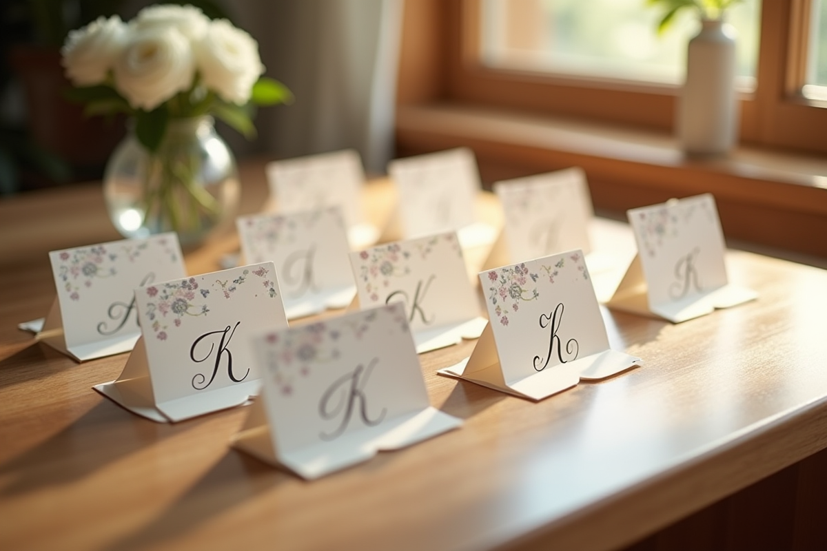 Table en bois avec cartes de noms avec calligraphie et fleurs blanches