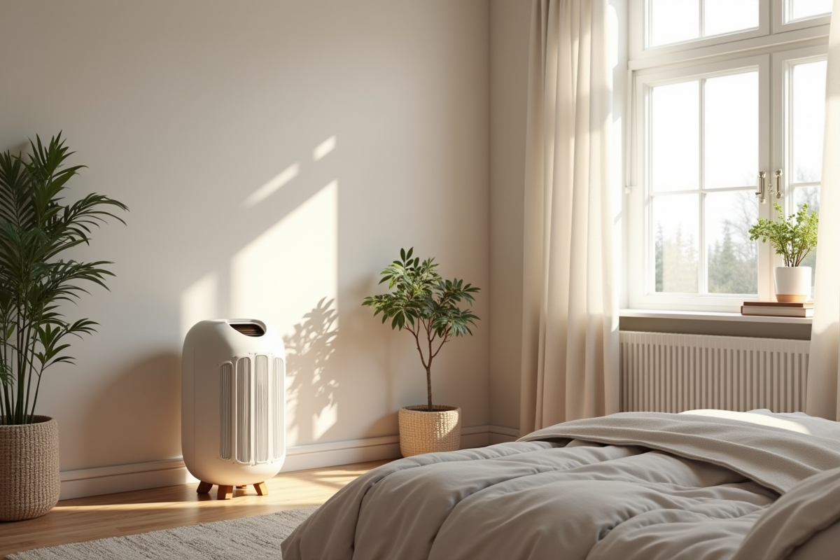 Chambre scandinave avec chauffage en céramique sculptural