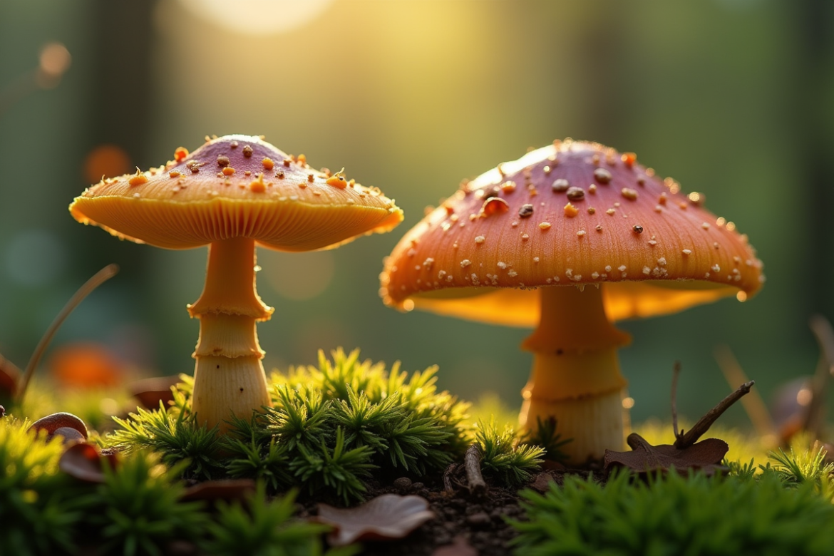 Champignons chanterelle et fausse chanterelle côte à côte dans la forêt