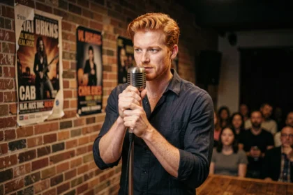 Chanteur roux sur scène dans une salle de concert intimiste réglant un micro vintage