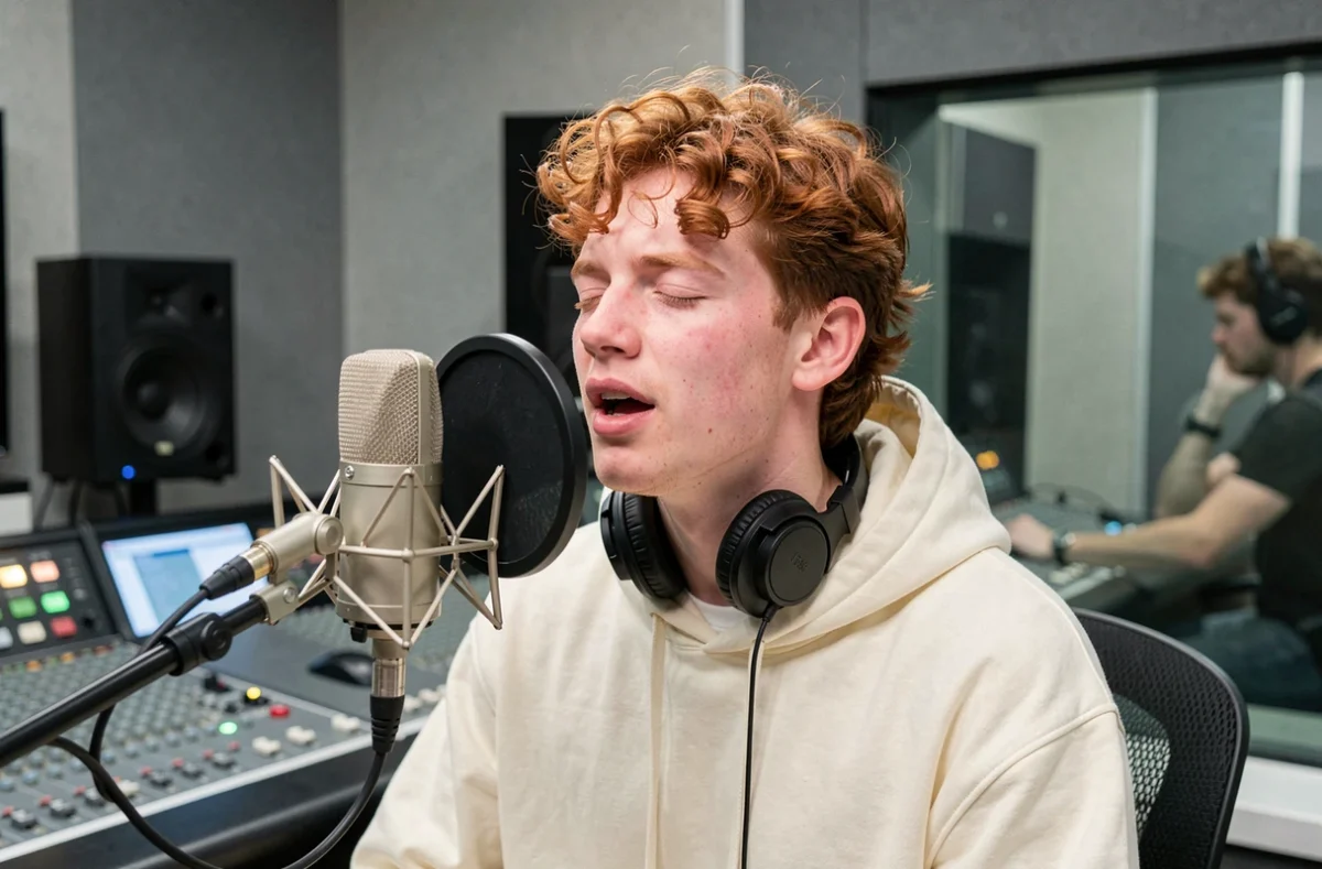 Jeune chanteur roux aux cheveux bouclés enregistrant en studio avec micro à condensateur