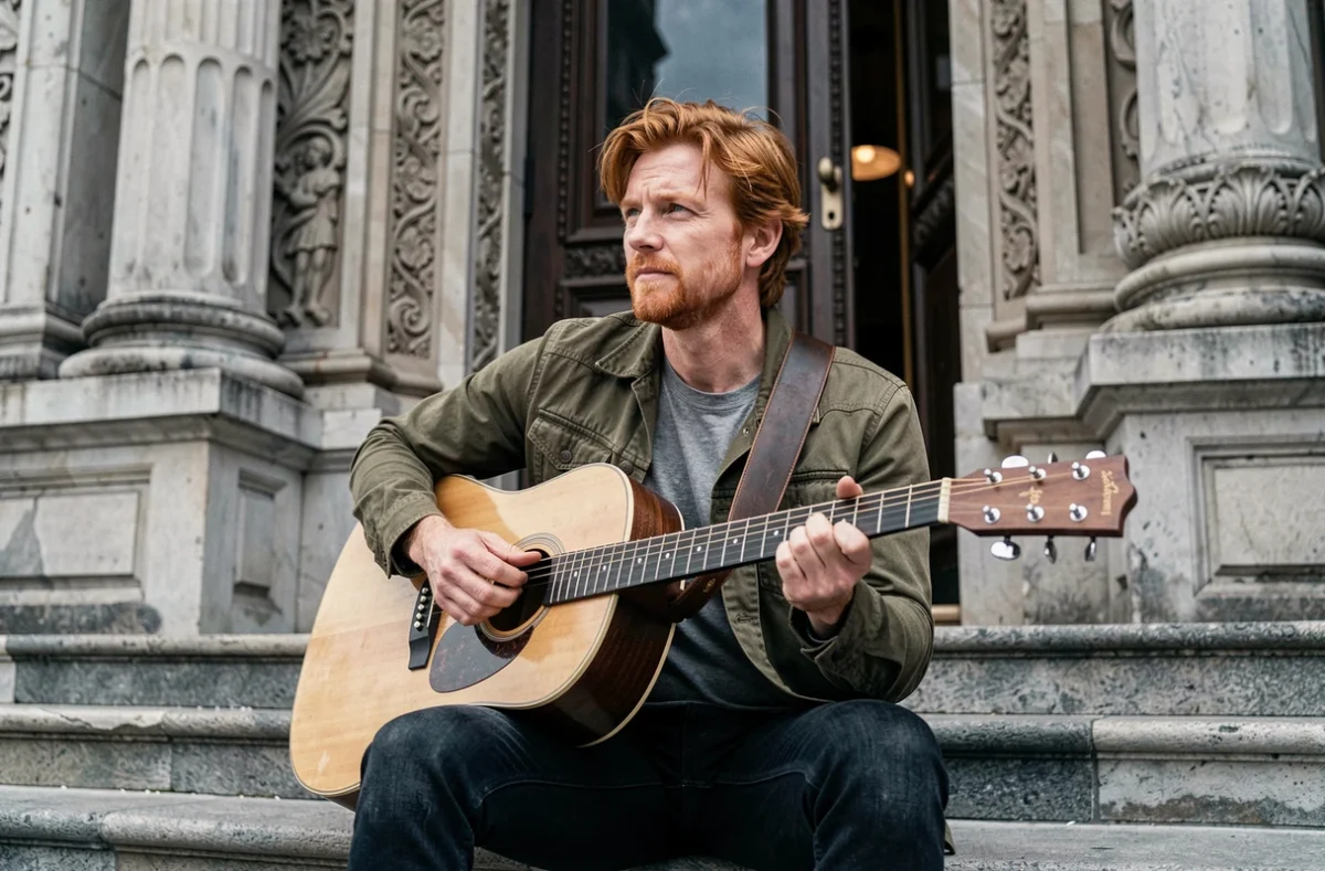 Chanteur roux aux cheveux auburn assis sur les marches d'un théâtre historique avec une guitare acoustique