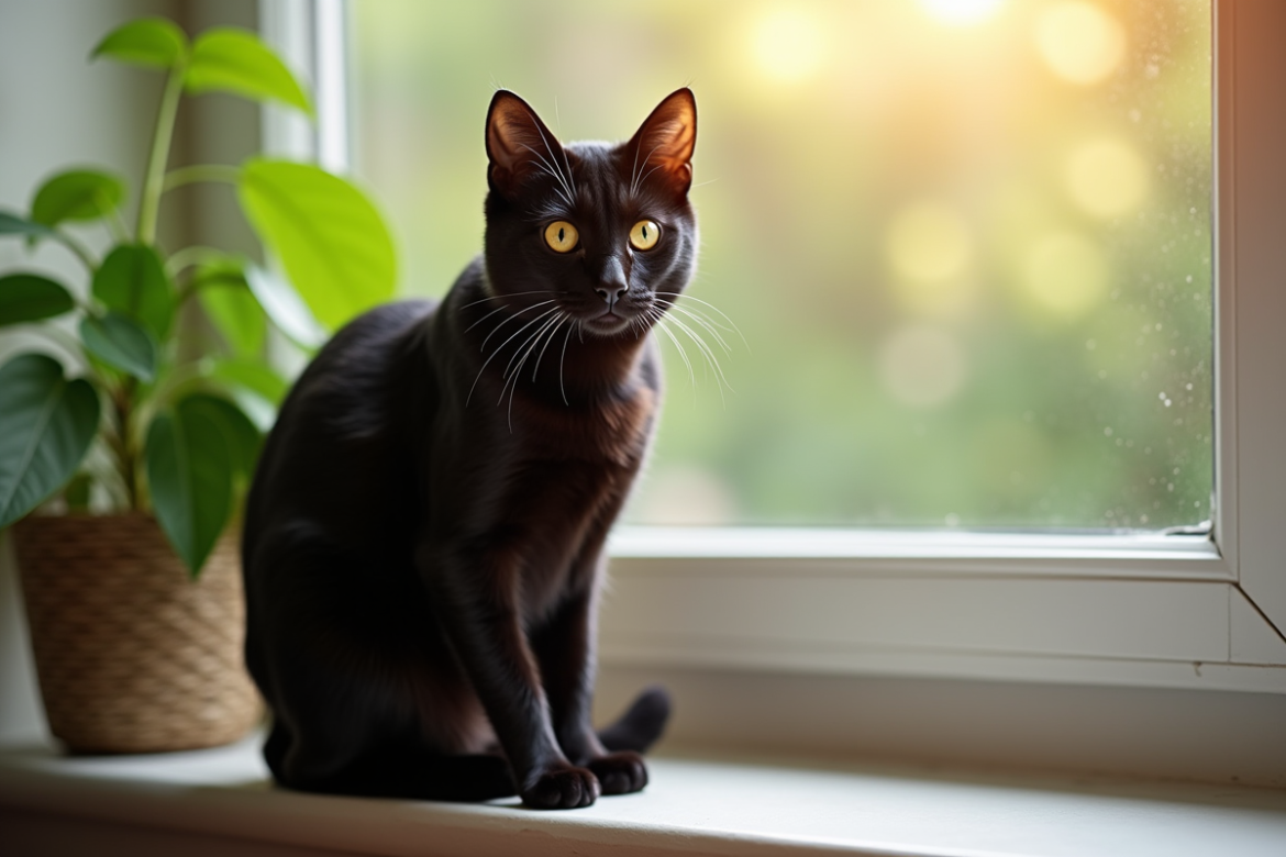 Chat noir Bengal sur un rebord de fenêtre en lumière naturelle