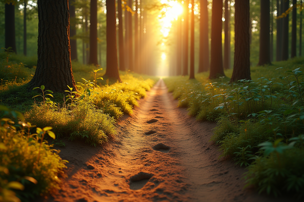 Sentier forestier avec empreintes dans la terre en après-midi dorée