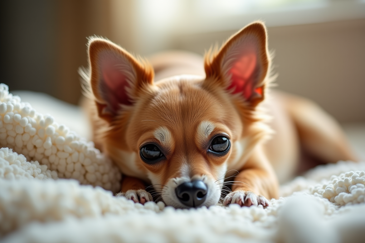 Chihuahua âgé relaxant sur une couverture douce en lumière naturelle
