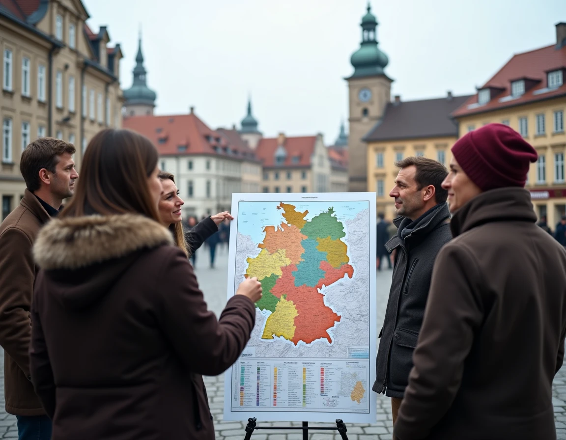 Groupe de citoyens allemands discutant d'une carte des Länder allemands sur une place publique d'une capitale régionale