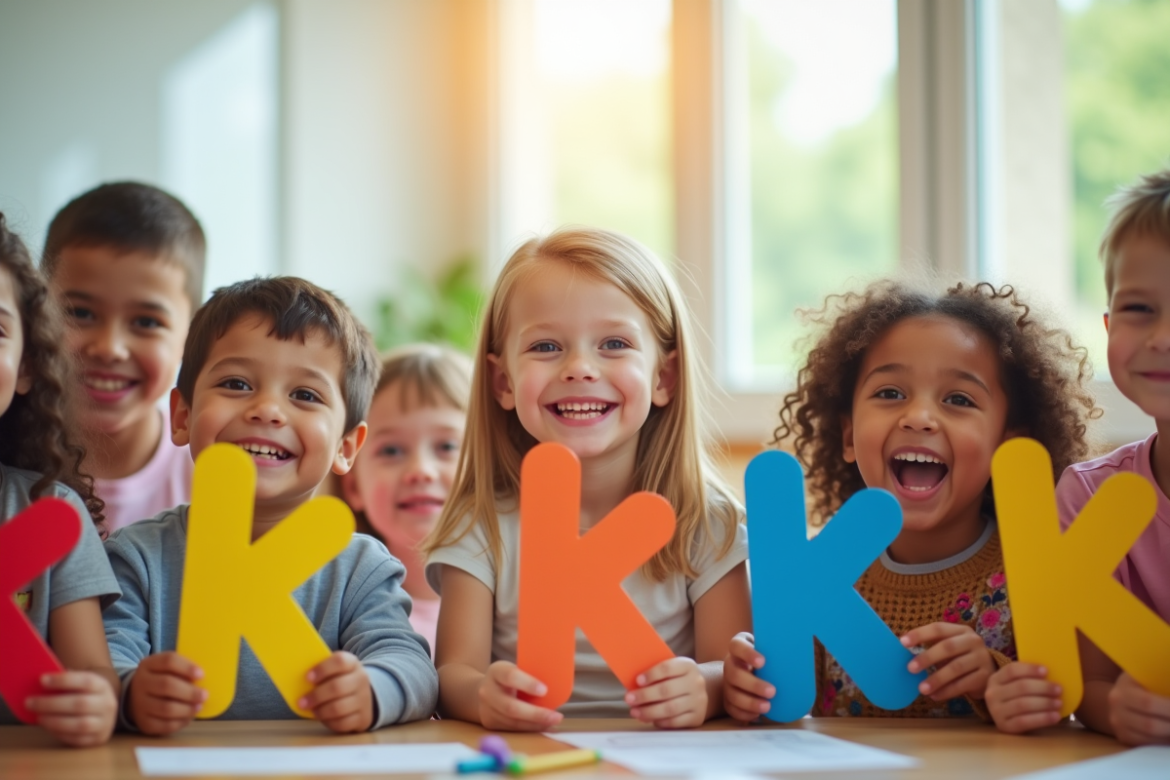 Salle de classe moderne avec enfants souriants tenant des lettres colorées