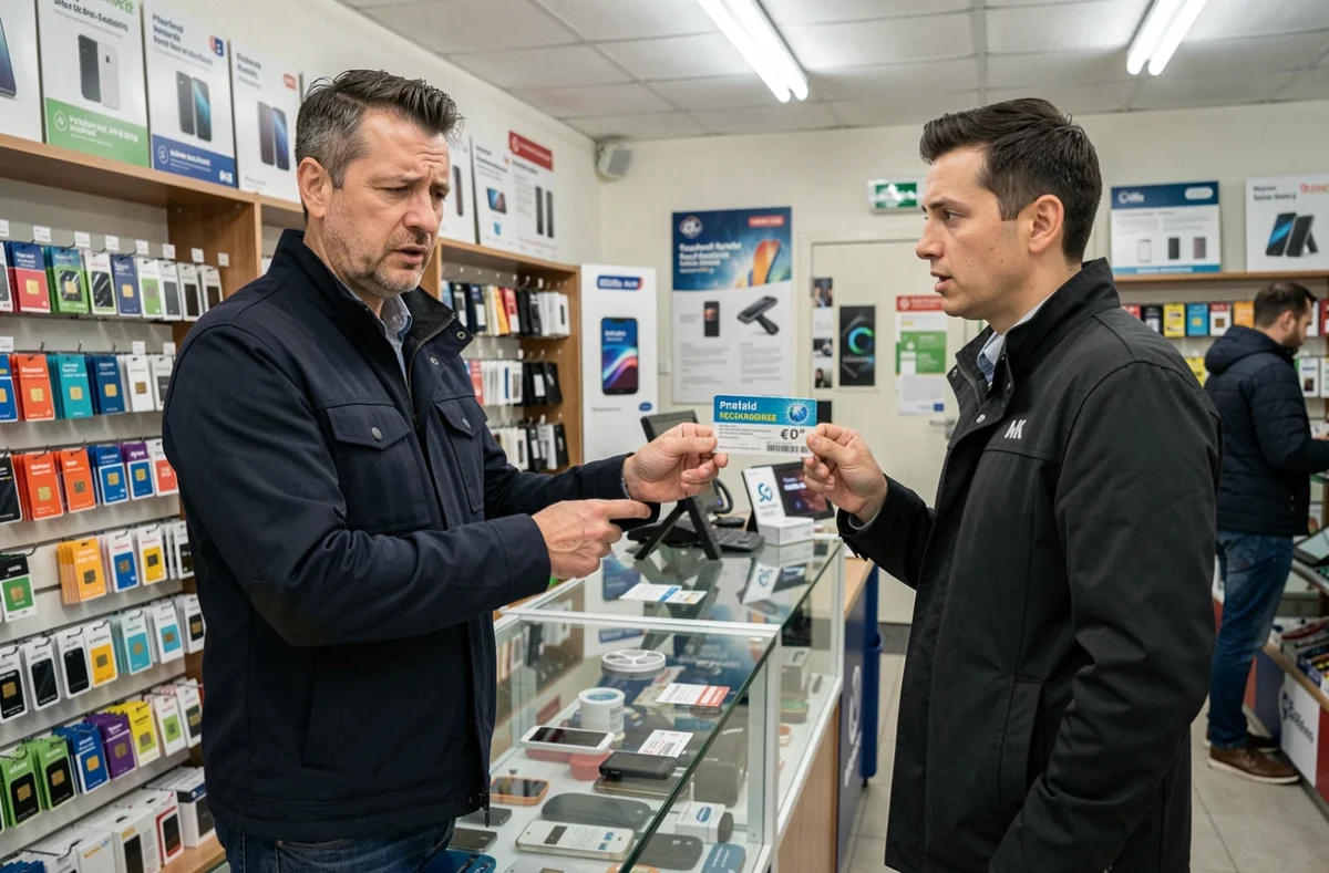 Client montrant une carte de recharge prépayée à un vendeur dans une boutique de téléphonie mobile