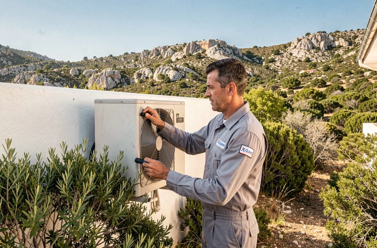 Technicien de Climaticorse réglant un compresseur de climatisation extérieur sur une villa corse entourée de maquis