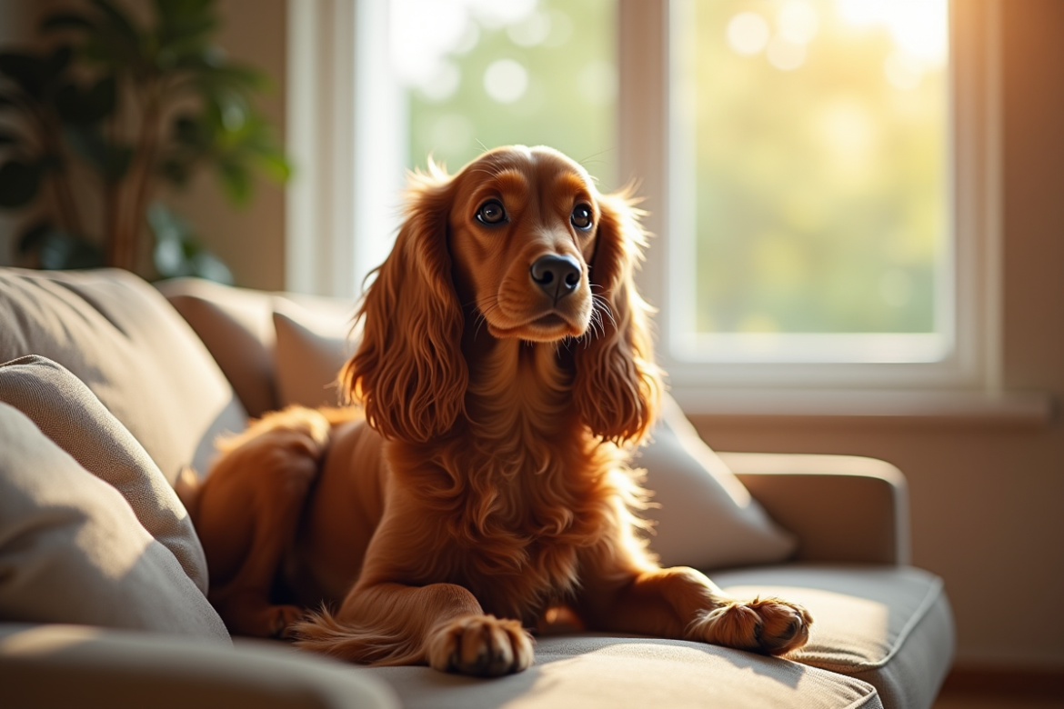 Cocker spaniel assis sur un canapé lumineux dans un salon