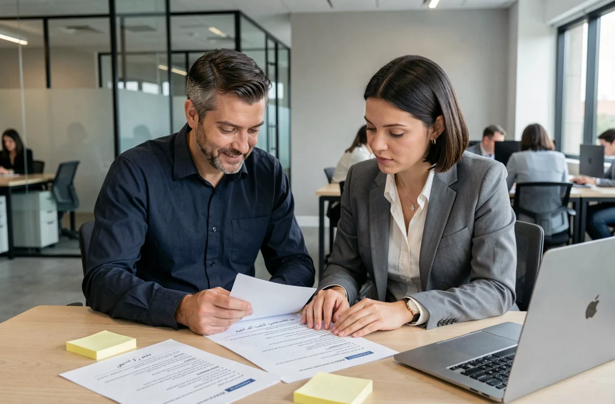 Deux professionnels collaborant sur une traduction de documents marocains en français dans un espace de coworking moderne
