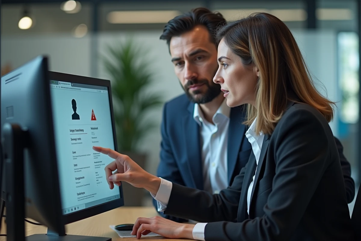 Deux collègues analysant un faux profil sur un espace membre en ligne dans un bureau moderne, comment éviter les arnaques