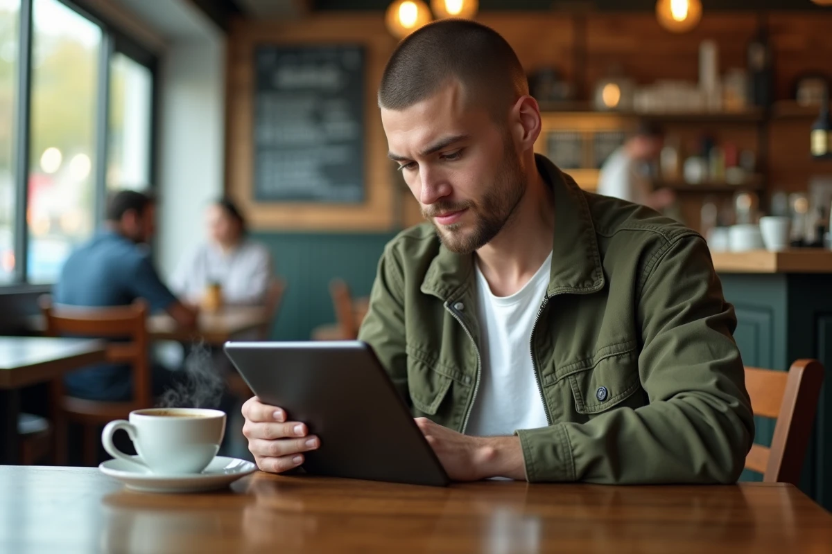 Jeune homme comparant des applications de prière islamique sur tablette dans un café