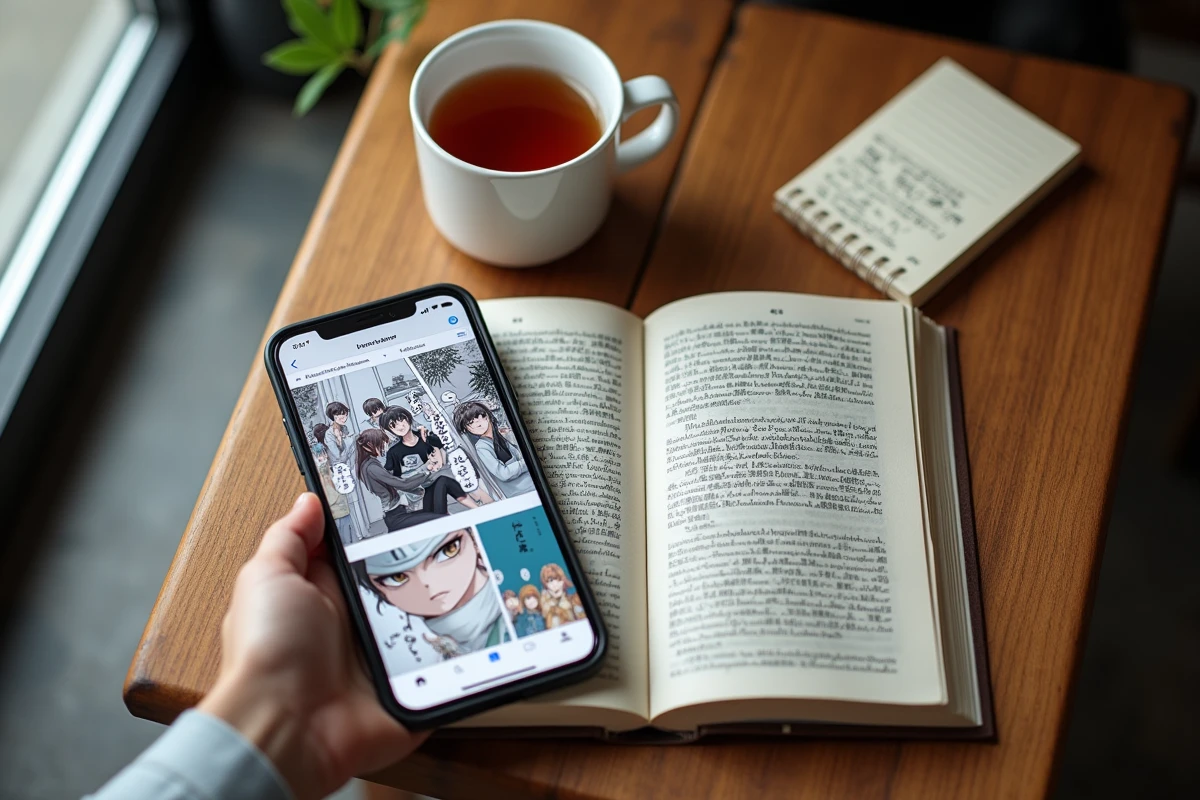 Vue de dessus d'un smartphone affichant un scan manga en ligne posé à côté d'un volume physique sur une table en bois
