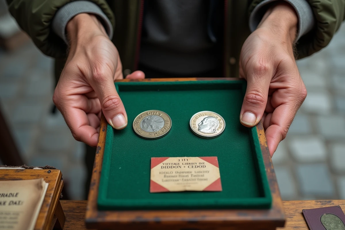 Mains comparant deux pièces de collection anciennes sur un étal de marché aux puces pour évaluer leur valeur avant achat sur Delcampe