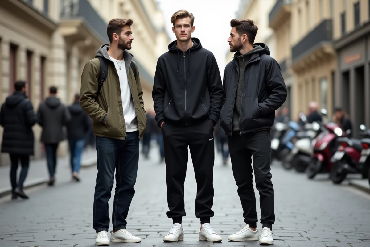 Comparaison de taille entre plusieurs jeunes hommes dans une rue parisienne évoquant la morphologie de Hamza