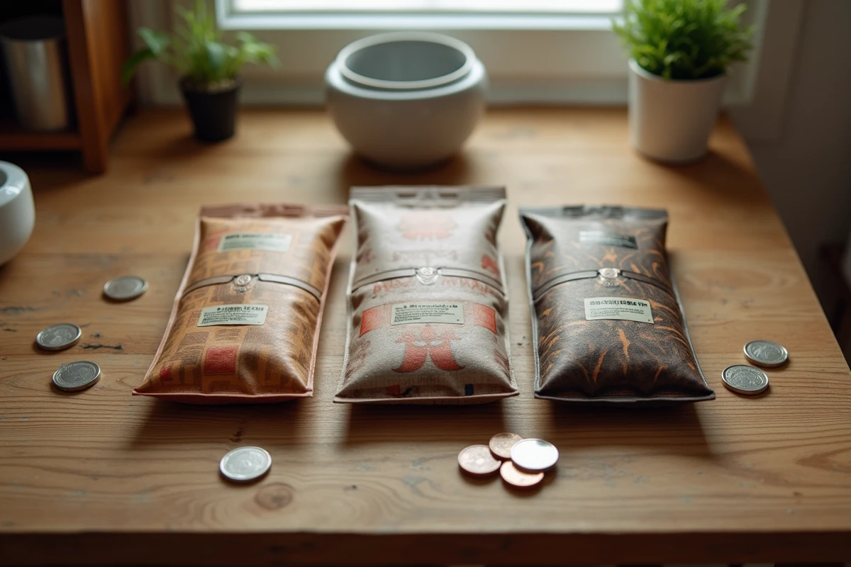 Comparatif de trois paquets de tabac à rouler 40g premier prix posés sur une table en bois avec des pièces d'euro